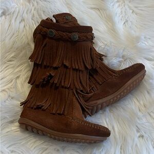 Brown Suede Mid-Calf Boots with Fringe Detail